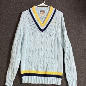 Light Blue Cable Knit Women's Sweater with Stripe Trim